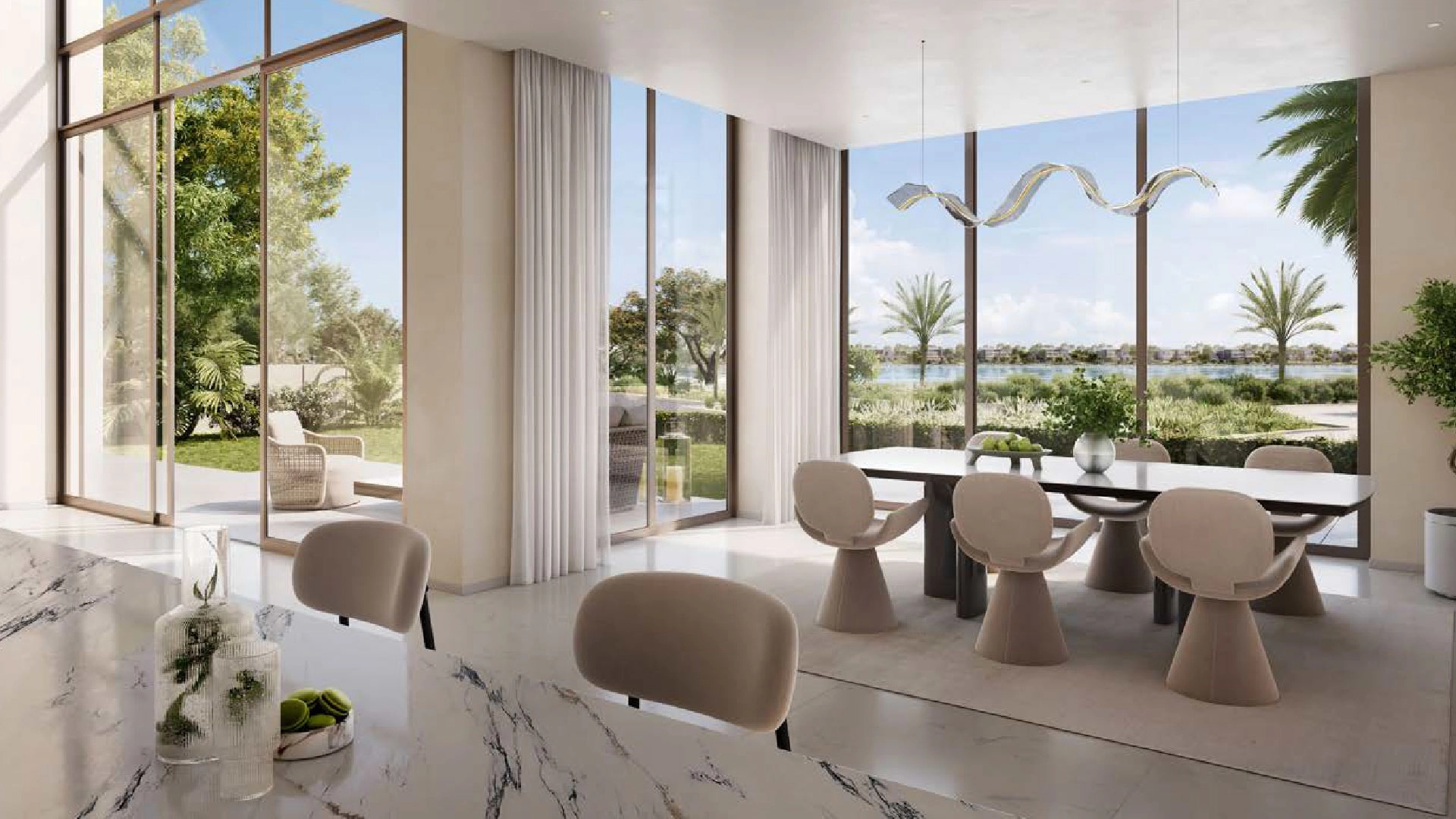 Lounge space with panoramic glazing and upscale furniture